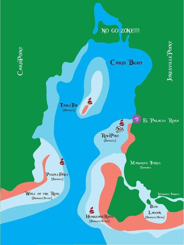 Carib Bight bay map — snorkel and dive sites